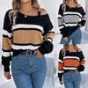 Autumn Winter Off-Shoulder Striped Lantern Sleeve Pullover Sweater for Women