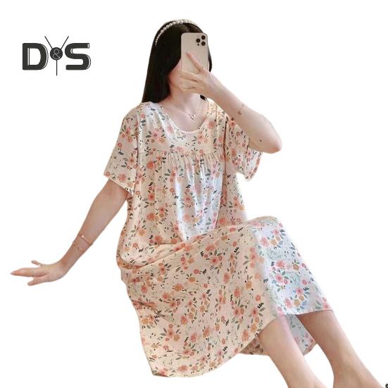 

Женская ночная рубашка свободного покроя с цветочным принтом, круглым вырезом, плиссированная, с короткими рукавами, длиной до колена, домашняя одежда, повседневное платье миди, женская ночная рубашка, платье миди абрикосовый