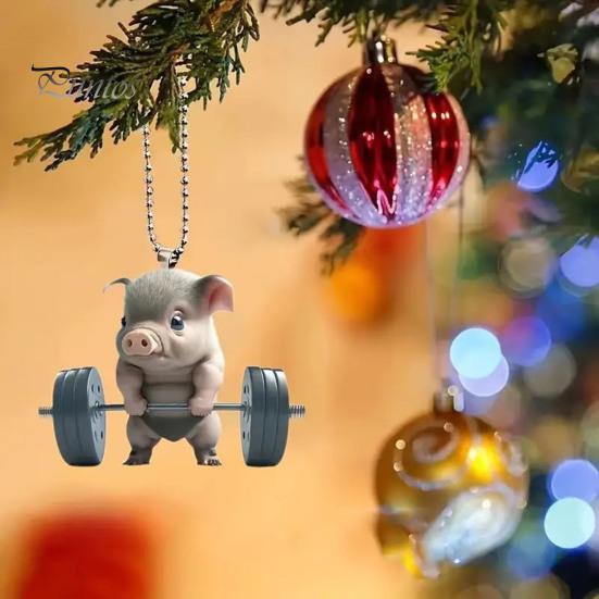 Porte-clés Pendentif Cochon Unique Mignon Cochon Haltérophilie Pendentif de Voiture, Acrylique Plat 2D Miroir Rétroviseur Compact Ornement Suspendu Décor, Porte-clés,