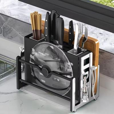 Thickened Board Integrated Cutlery Holder Drainer Function Breathable Cutting Board Storage Stand with Hooks Multifunctional