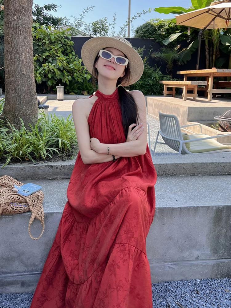 Retro Chinese Style Red Halter Neck Dress for Women - Summer Seaside Vacation Long Flare Skirt