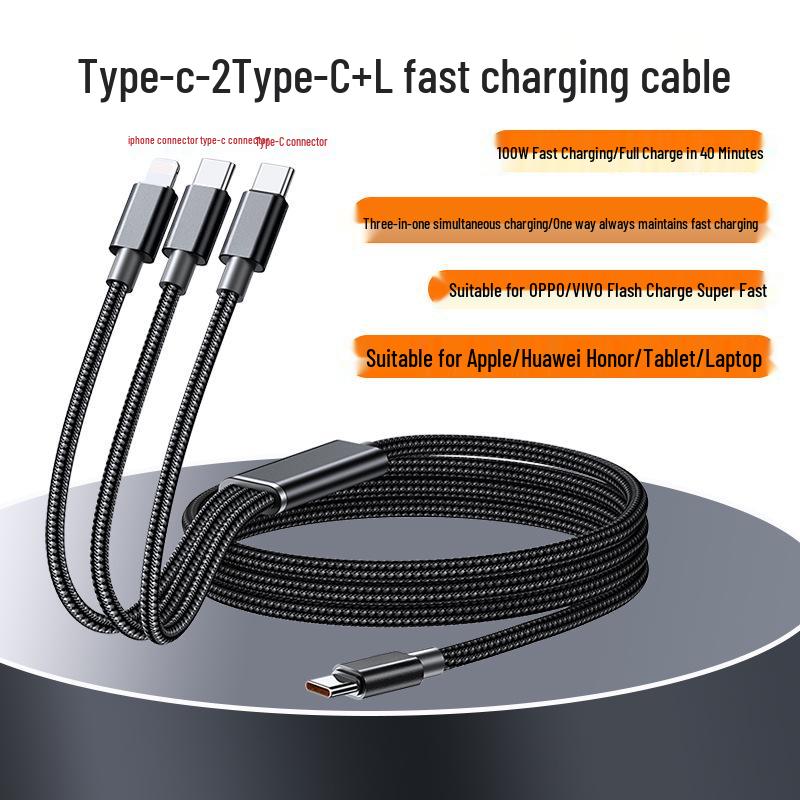 

PD100W 3-in-1 Charging Cable for Apple/Huawei/OPPO/VIVO Flash Charge & Super Fast Data Transfer Type-C to 2C+L 1.3M чёрный