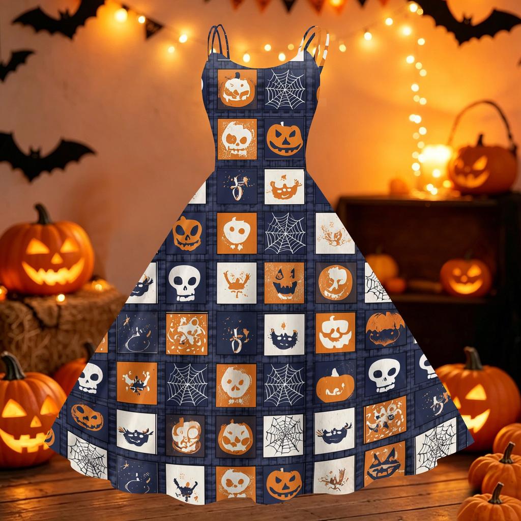 Women's Halloween Pumpkin Print Off Shoulder Dress Vintage Punk Style Flared Skirt Sleeveless Spaghetti Strap Dress
