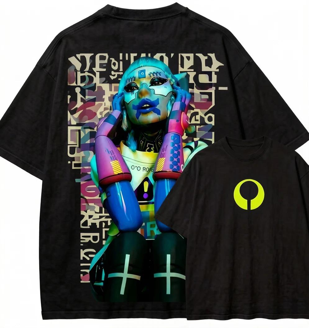 

Cyberpunk Neko Anime Girl Glitch Collage Double-Sided Oversized Tech Streetwear Unisex White T-Shirt XXXL