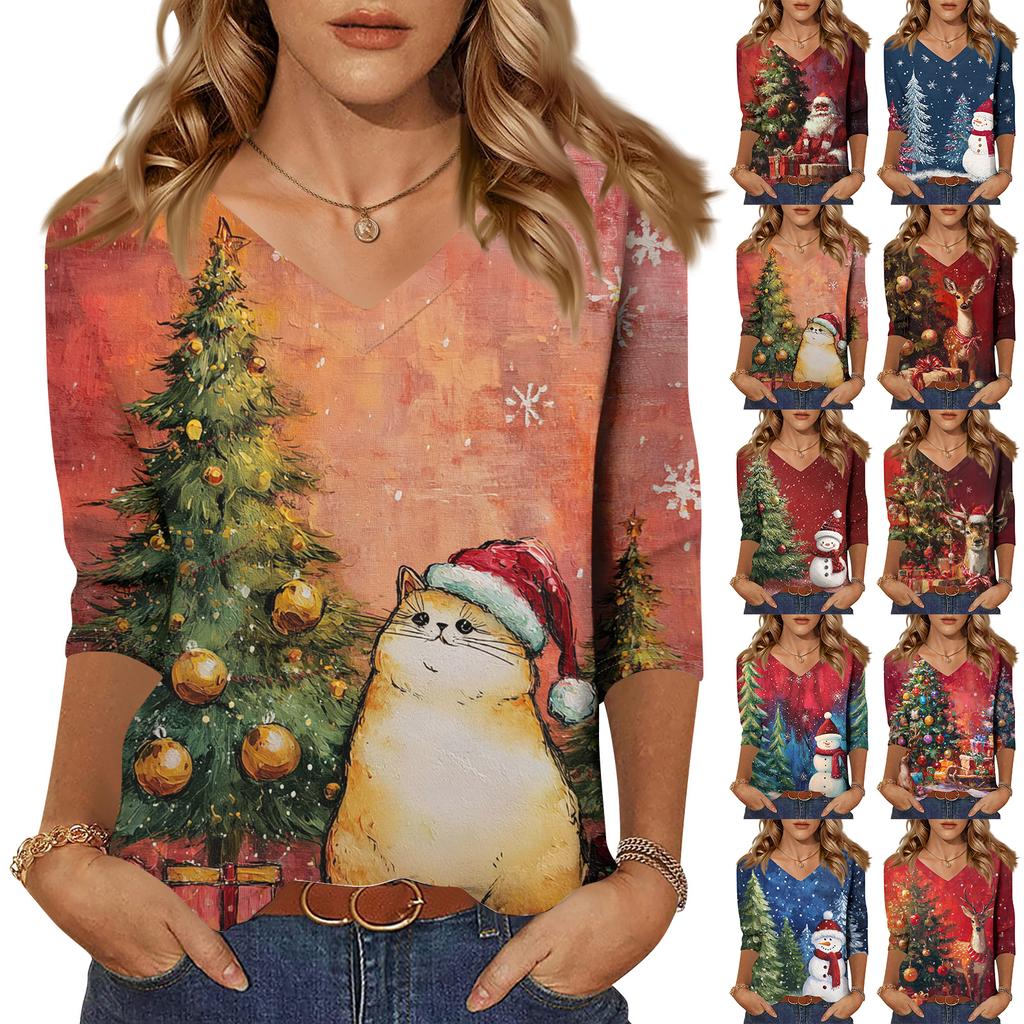 3/4 Sleeve Shirts For Women Print Christmas Tees Blouses Casual Plus Size Basic Tops Pullover