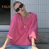 Women T-shirt Round Neck Short Sleeve Loose Fit Tee Shirt Solid Color Washed Distressed Retro Pullover Tops Streetwear
