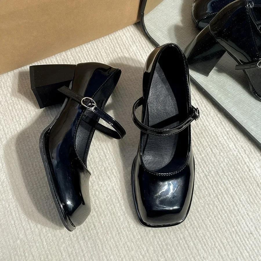 

Модные черные туфли на высоком каблуке для женщин 2025 года, весна и осень, квадратный носок, толстый каблук, туфли Мэри Джейн, модные туфли на среднем каблуке для офиса 35 чёрный
