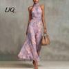 Casual Loose Fit Dress Floral Chiffon for Women, Halter Sleeveless Ruched Maxi Off-shoulder Dress, Turtle Neck Wedding Guest Cocktail Evening