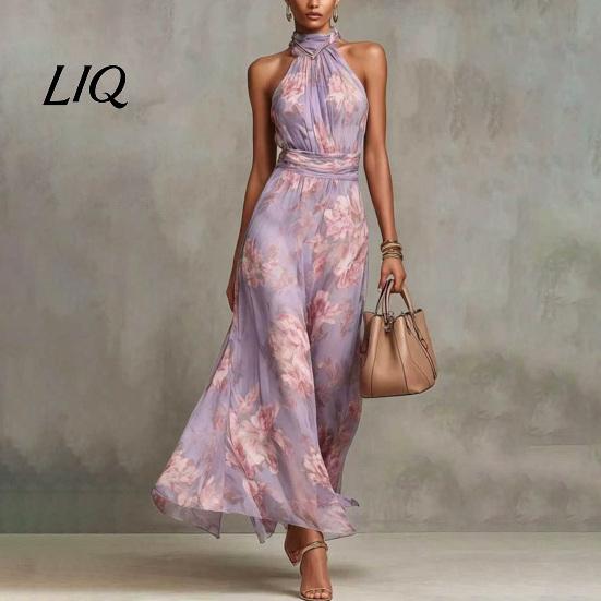 Casual Loose Fit Dress Floral Chiffon for Women, Halter Sleeveless Ruched Maxi Off-shoulder Dress, Turtle Neck Wedding Guest Cocktail Evening