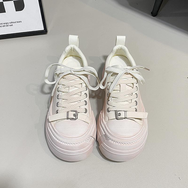 

Little white shoes women s 2025 spring new leather thick-soled heightening sports board shoes belt buckle old casual dirty shoes 40 розовый