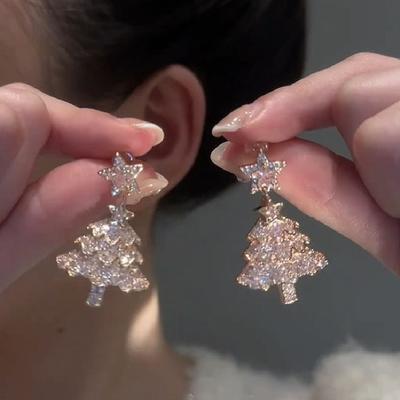Women's Christmas Tree Zircon Crystal Star Stud Earrings Dangle  Jewelry Gift for Xmas Party