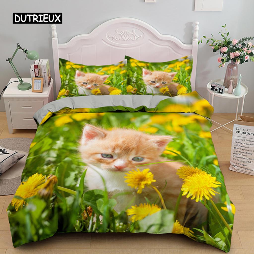 Cat Flowers King Queen Duvet Cover 3D Pet Kitty Floral Bedding Set Teens Adult Yellow Chrysanthemum 2/3pcs Polyester Quilt Cover