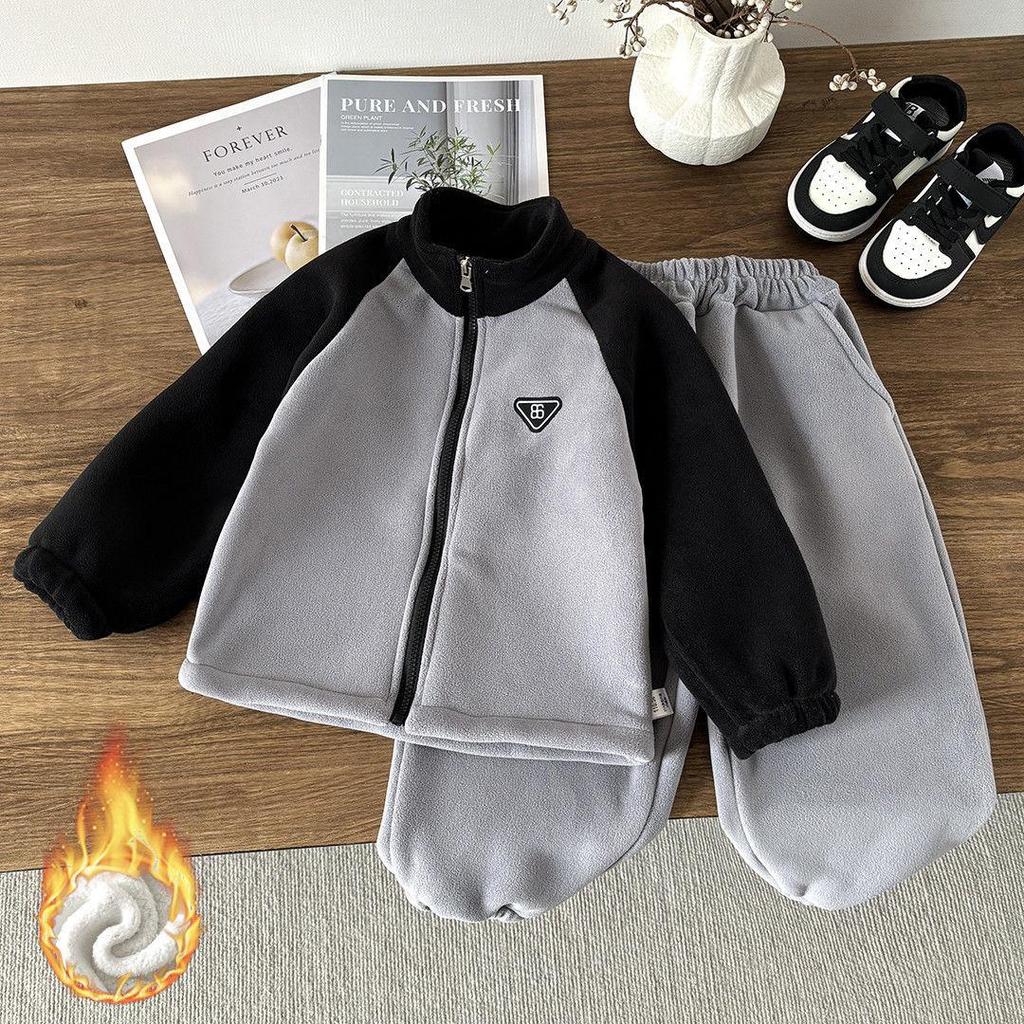 Winter Fleecegefüttertes Farbblock-Zip-Up-Set für mittelgroße und große Jungen und Mädchen