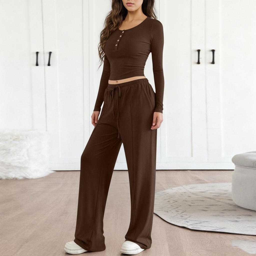 Fashionable Women's Long Sleeve Wide Leg Pants Sports Outfit Loose Two-Piece Set