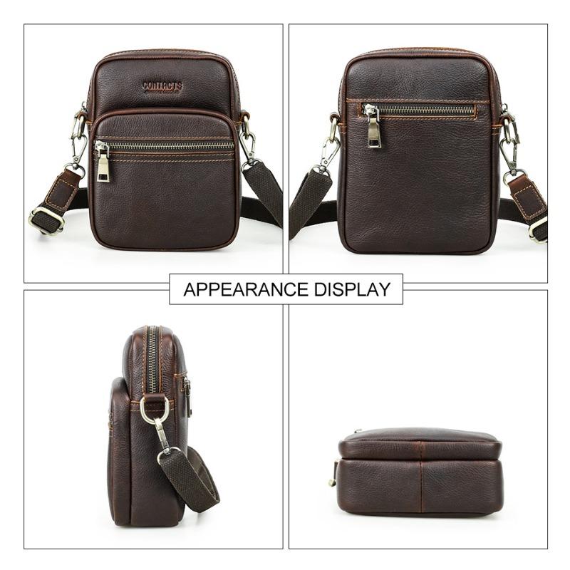Men Top Grain Crazy Horse Leather Crossbody Bag Multi-Zipper Pockets Vintage Texture