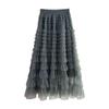 Qooth Autumn Korean Style Mesh Puffy Cake Long Skirt Elegant Vintage Elastic Waist High Waist Ball Gown Gauze Tulle Skirt QT1989