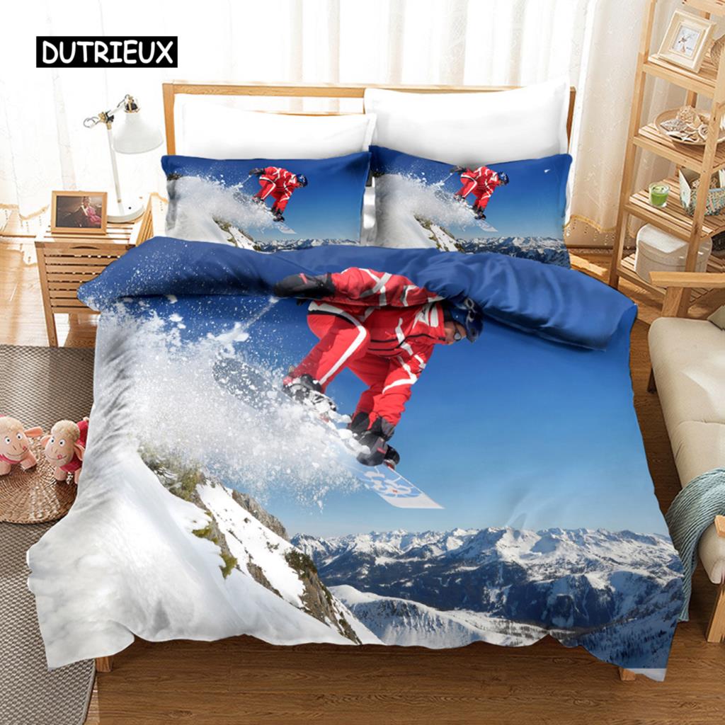 Ski Bettbezug Mikrofaser Extremsport Thema Einzelbettwäsche Winter Sport Ski Schnee Berglandschaft Queen King Bettdeckenbezug