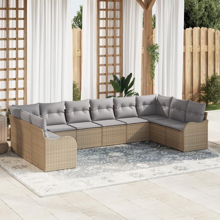 VidaXL Ensemble de Canapé de Jardin 10 Pièces avec Coussins Beige Rattan Synthétique 3345880