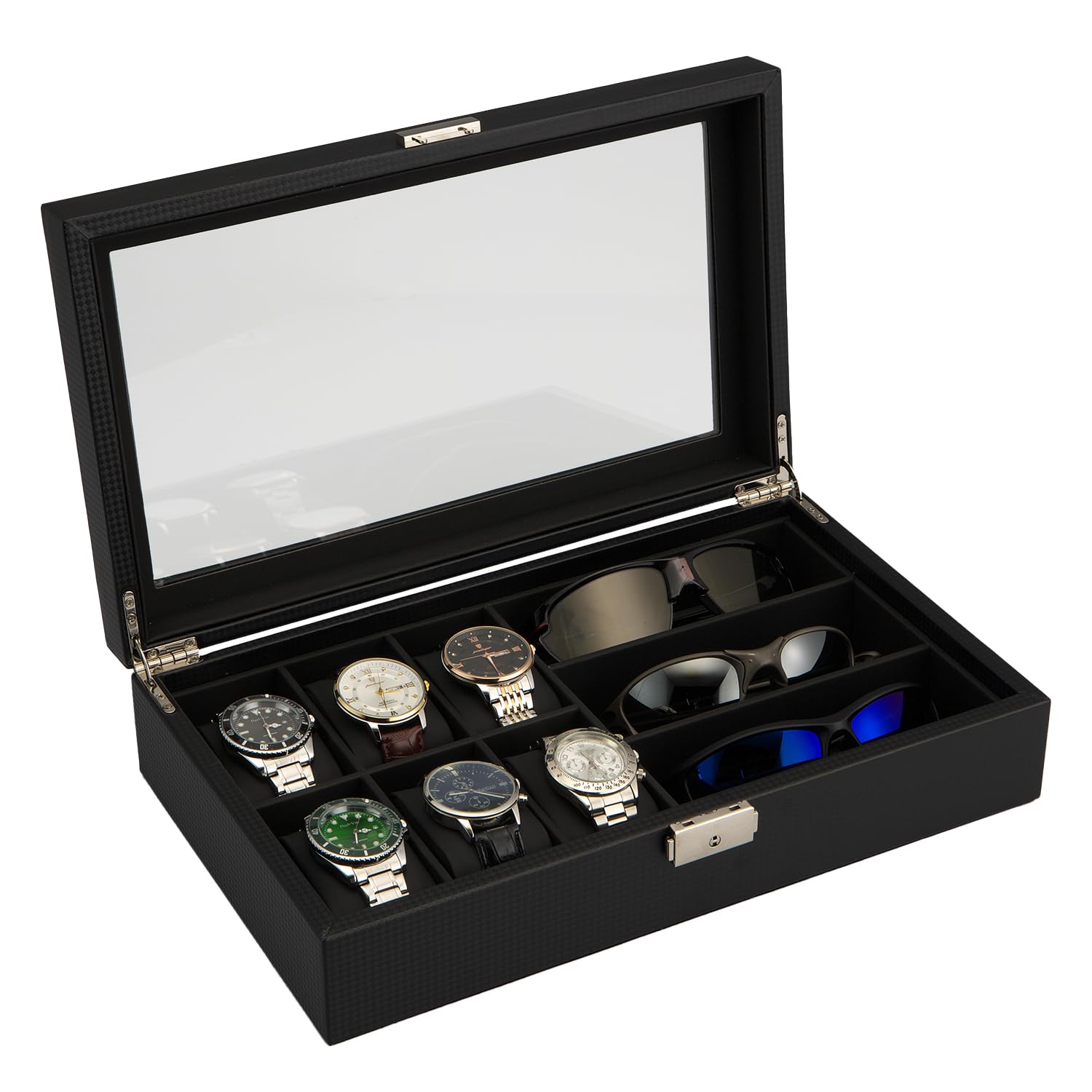 

GEUM Часы Очки и Солнцезащитные очки Хранение Вмещает 6 Часов и 3 Роскошные Часы Часы Часы Чехол Карбон GEUM020 Вмещает 6 Часов и 3 Чехол, Коробка, чёрный