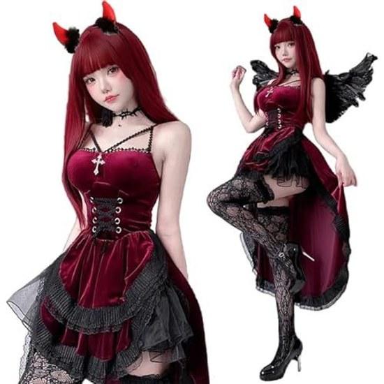 KALAOK Witch Cosplay Angel Halloween Costume 4-Piece Set Dress Wings Headband Wand Twin Coordination Event Party Black Red White School Festival