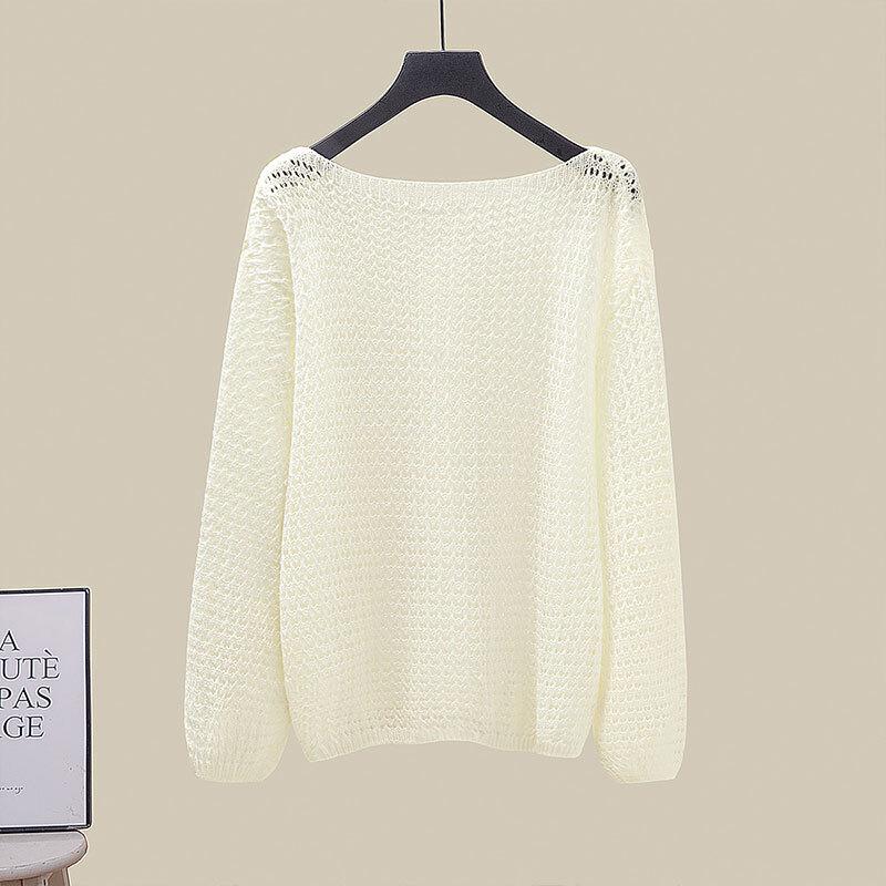 Sibaisha Women's Hollow Knit Drop-Shoulder Long Sleeve Sweater