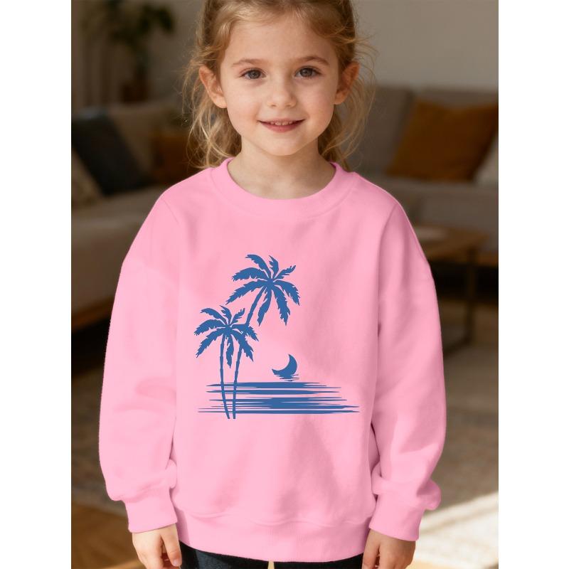 Kids Unisex Crewneck Sweatshirt, Blue Palm Tree Moon Sea Beach Silhouette Print Soft Fleece Pullover For Kids Over 4 Years Old