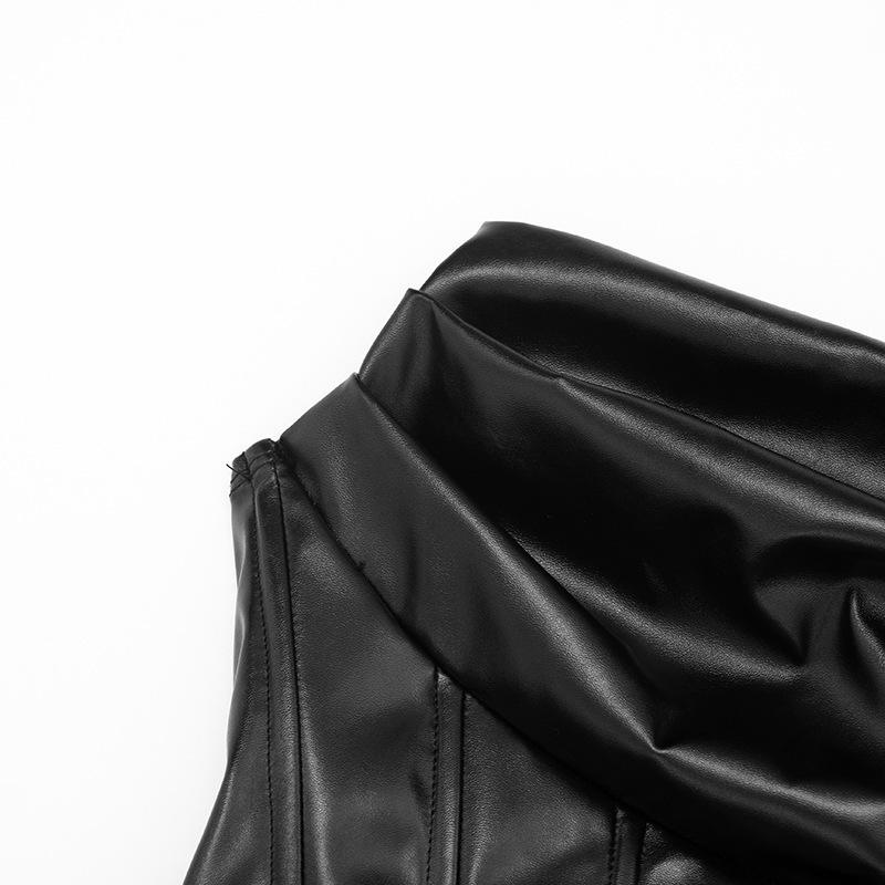 European & American Women's Sexy Strapless PU Leather Ruched A-line Dress