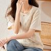 New Summer Women's Solid Color Splicing Lace Floral O-Neck Short Sleeve Thin Loose Korean Pullovers Fashion Casual Tops
