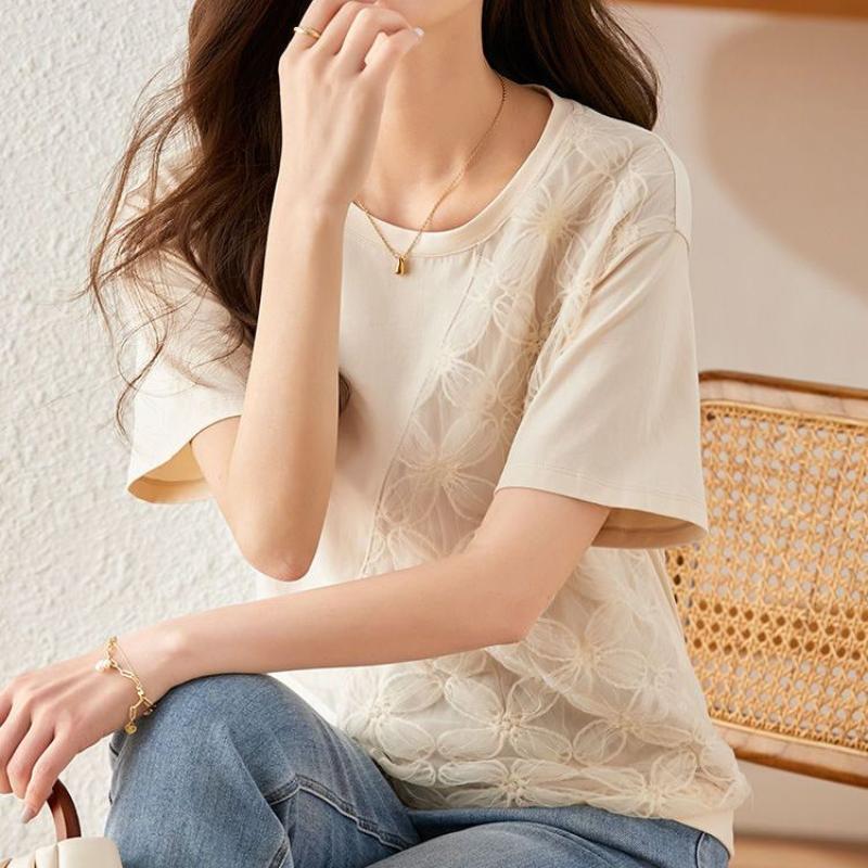 New Summer Women's Solid Color Splicing Lace Floral O-Neck Short Sleeve Thin Loose Korean Pullovers Fashion Casual Tops