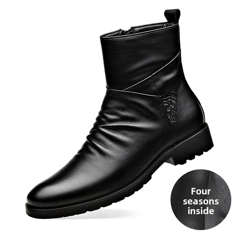 Genuine Leather Men Boots High Quality Cowhide Leather Boots Fashion High Top Motorcycle Boot Men'S Business Casual Dress Boots