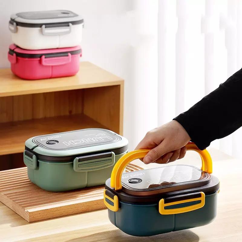 Portable Lunch Box With Fork Spoon 2 Layer Grid Leakproof Food Storage Container Box Outdoor School Kids Microwavable Bento Box