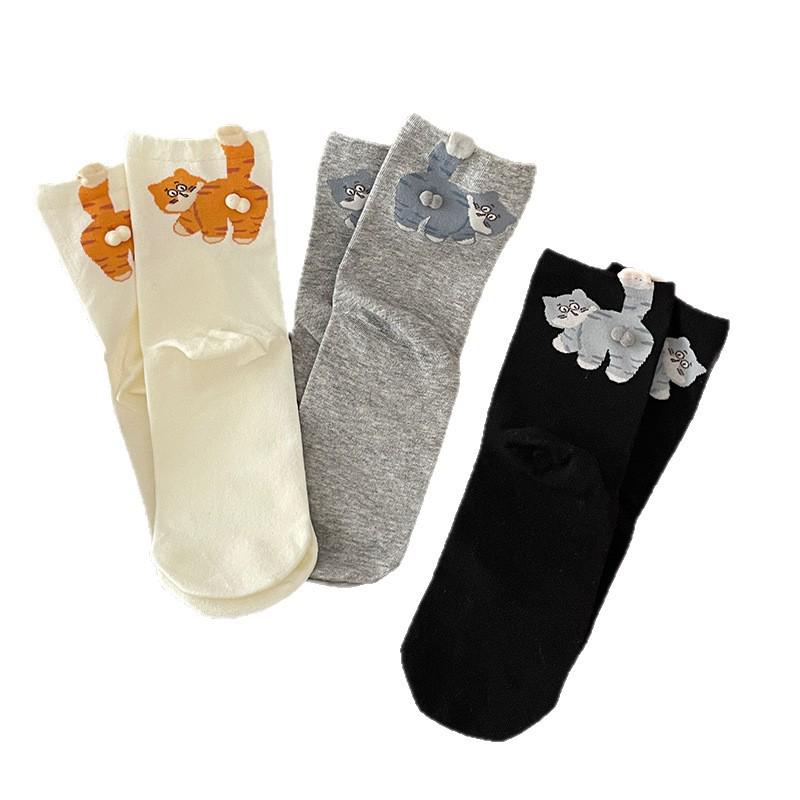 Mischievous Cat Socks: Cute, Abstract, Mid-Calf Korean Style for Kids & Couples