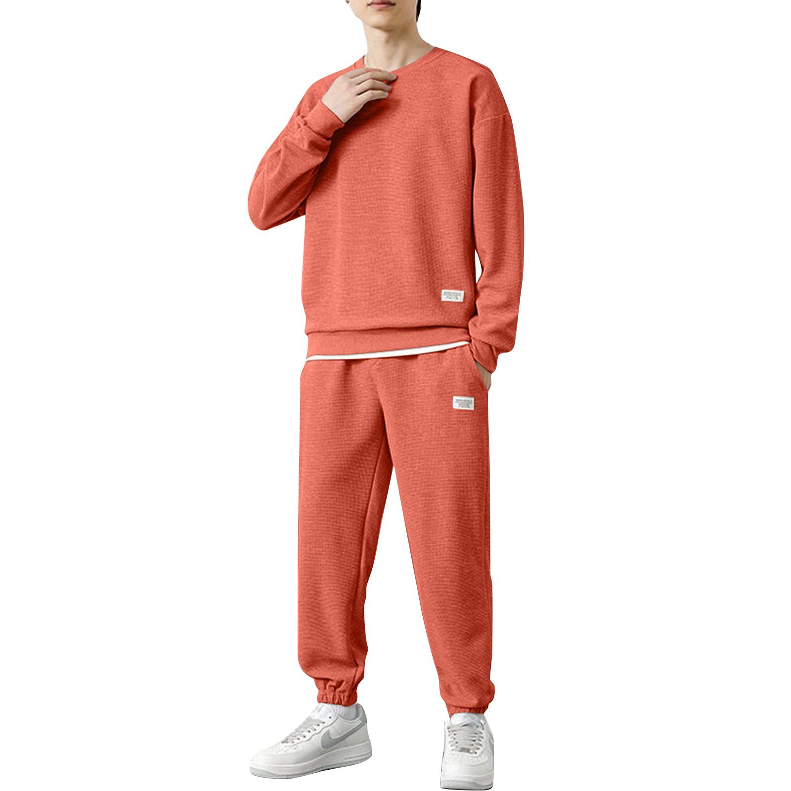 

Men s Solid Color Casual Fashion Long-Sleeved Round Neck Top Sweatpants Set XXXL помаранчевий