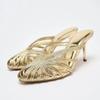 Fashion Fashion Hollow Gold Narrow Band High Heel Slipper Women Elegant Pointy Toe Thin Heel Brand Designer Shoe Sexy Banquet Dress Shoe