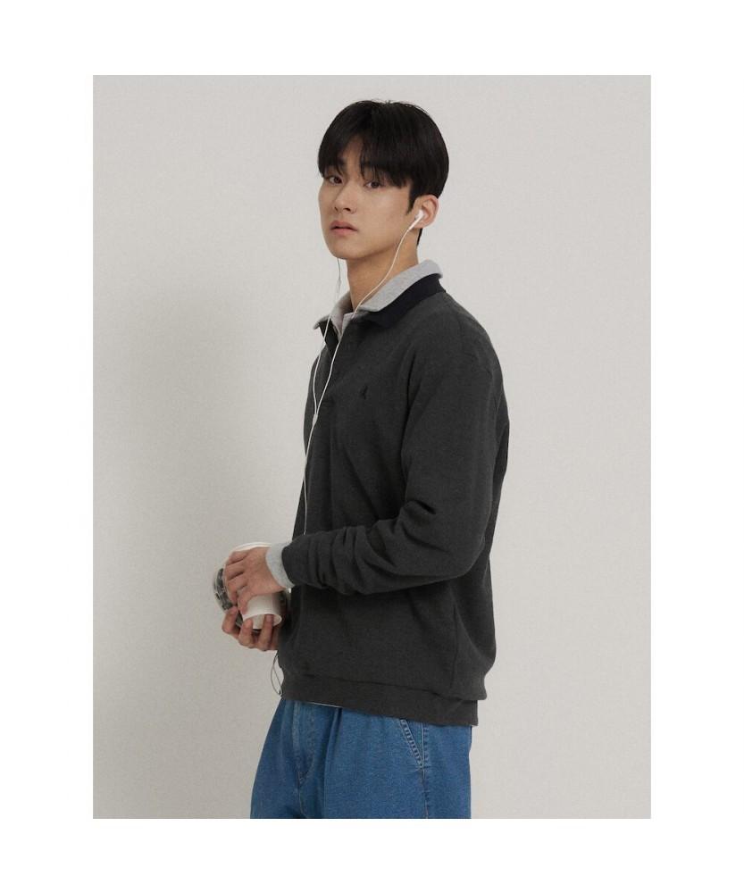 Binpolmen Collared Contrast Long Sleeve T-Shirt Ash