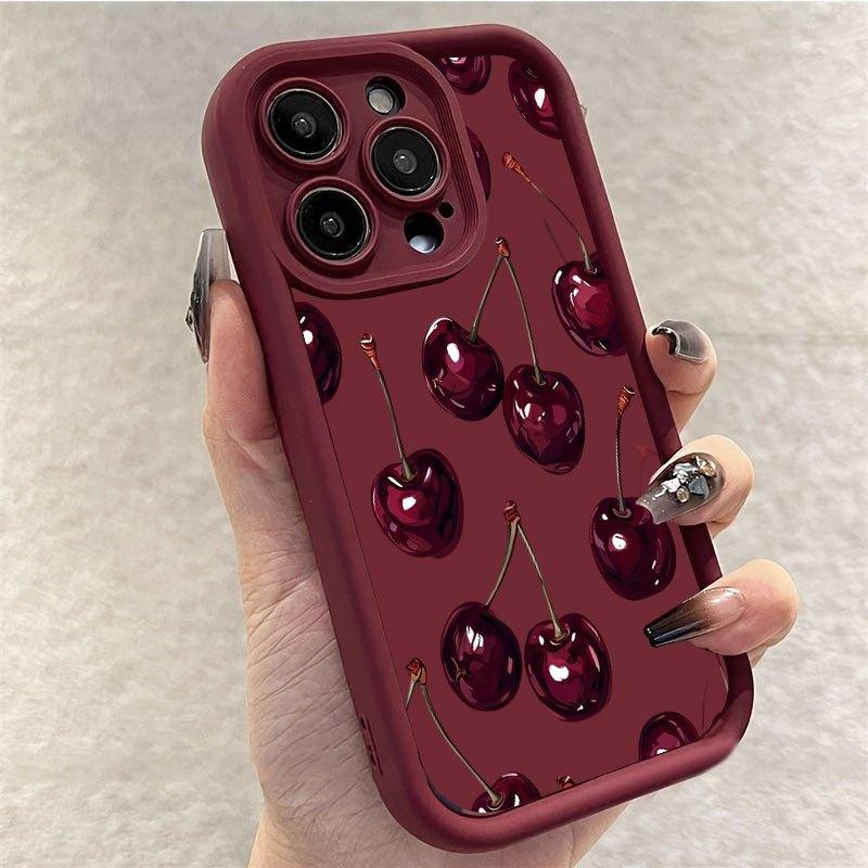 Black purple delicious cherry pattern phone case suitable for iPhone 17 16 15 14 13 12 11 Pro/Max/Plus anti drop and shockproof