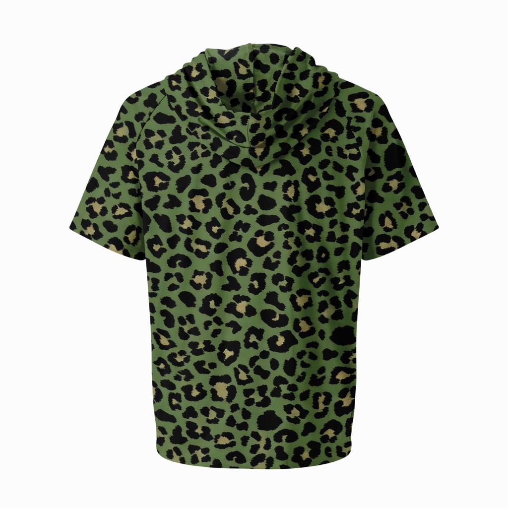 Men's Leopard Print Raglan Hoodie, Short Sleeve Casual Fishing Top, Breathable Outdoor Sports T-Shirt