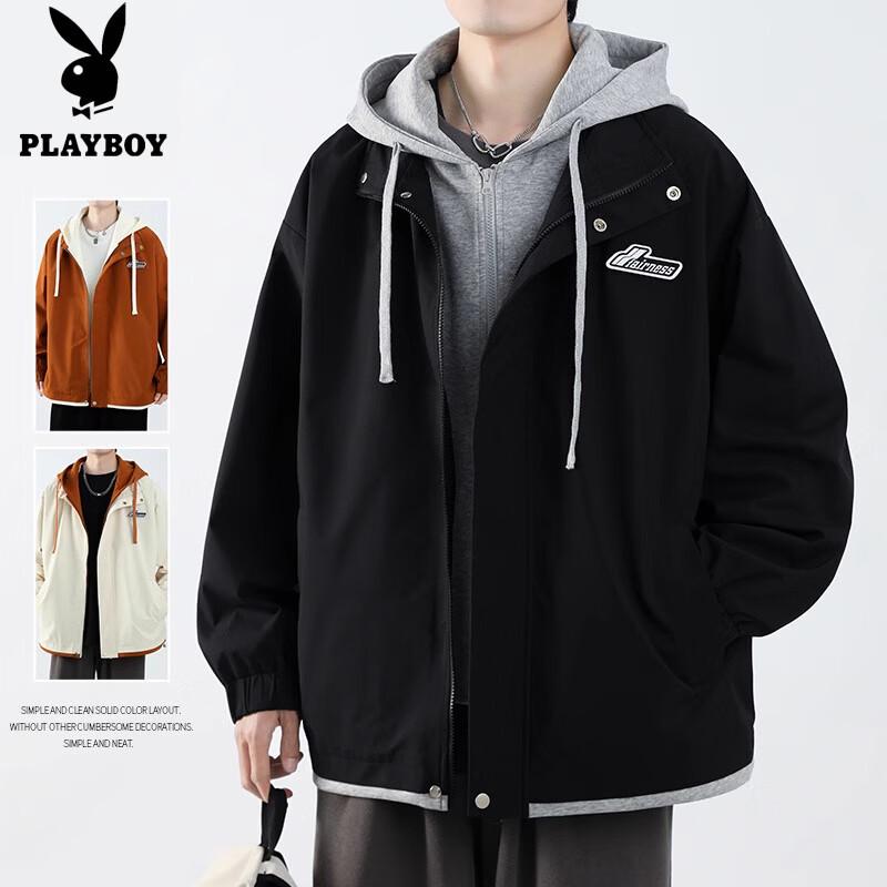 Playboy Men s Faux Two-Piece Hooded Baseball Jacket L