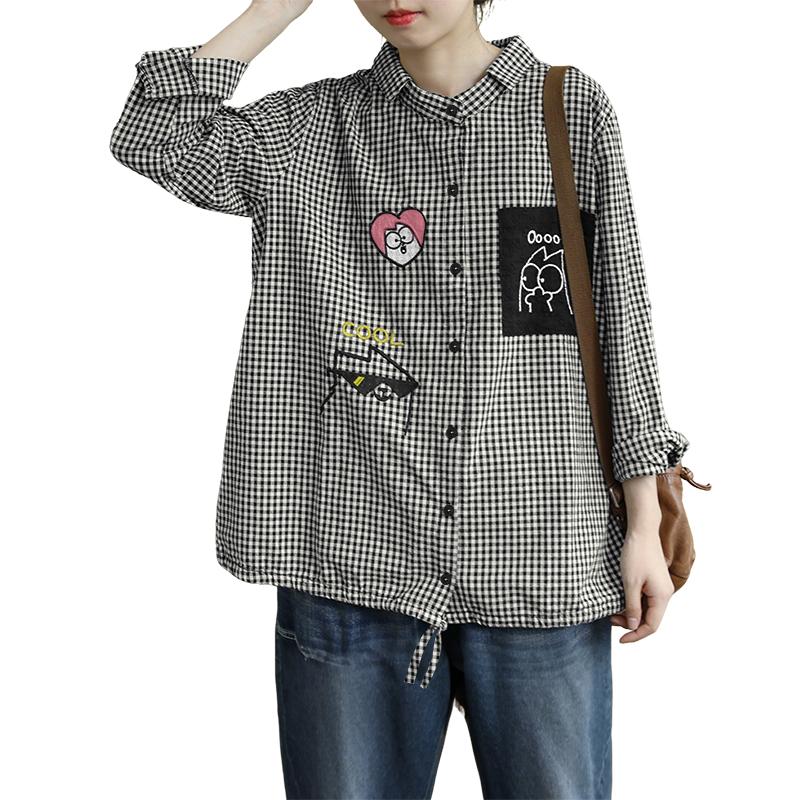 

ZANZEA Женская повседневная блузка свободного кроя с длинным рукавом и отложным воротником, с принтом в клетку XL чёрный