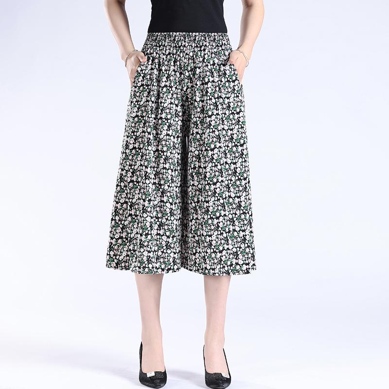 Middle Aged and Elderly Women's New Summer Half Skirt Cropped Pants Mom Elastic High Waist Wide Leg Pants Skirt Pants