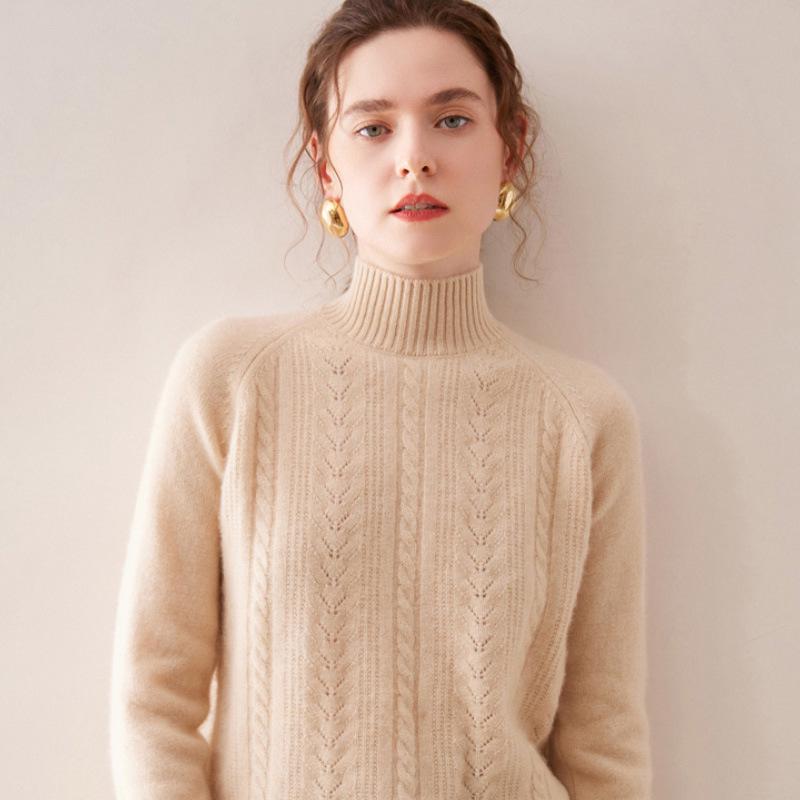 Women's 100% Wool Jacquard Sweater, Half-High Neck, Loose Knit Pullover for Autumn/Winter