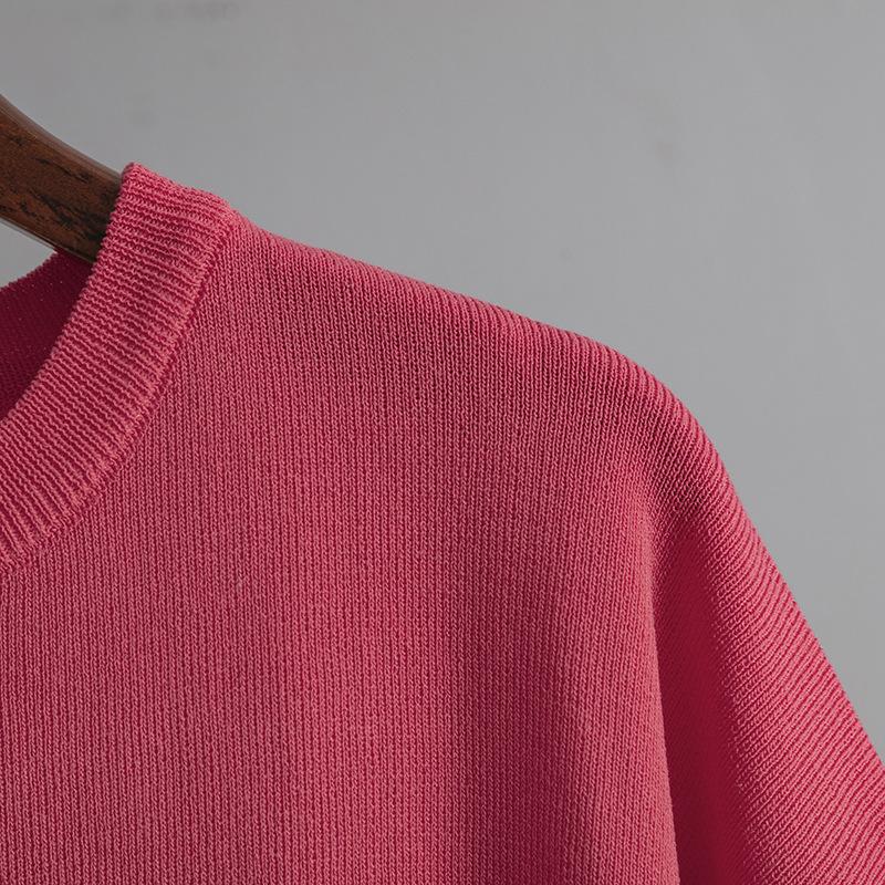 Women Temperament Contrast Color Split Short Sleeve Knitwea High Waist Slim Wide Leg Pants Two Piece Set