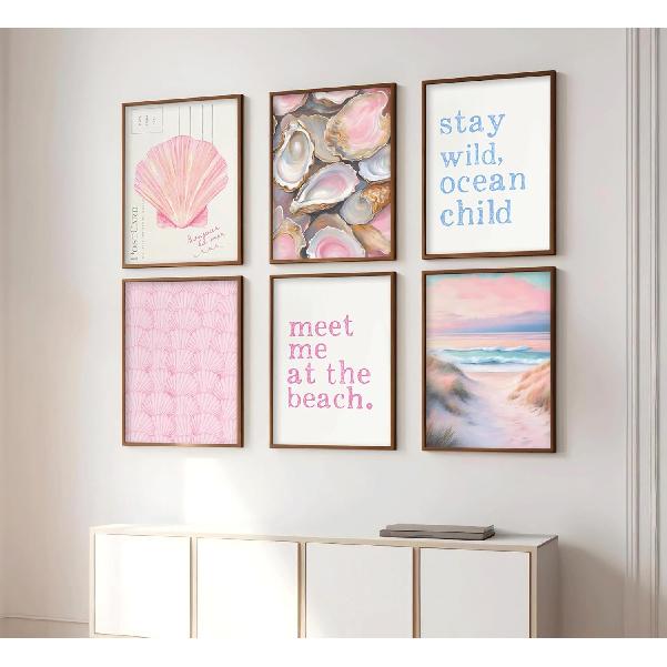 Pink Beach Preppy Wall art Coastal Granddaughter Aesthetic Room Painting Picture Wall Decor Shells Oyster Poster Print Artwork for Girls Room Girls