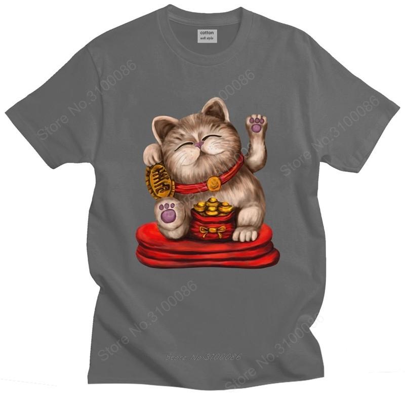 Kawaii Unisex Cute Unisexeki Neko T Shirt Short Sleeved Cotton Graphic Tshirt Leisure Tshirt Lucky Fortune Cat Tee Loose Fit Clothing