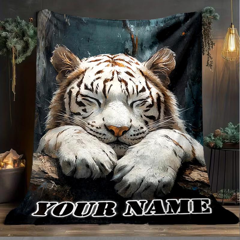 1PC Custom Name "White Tiger Dreams" Outdooor Flannel Blankets Throw Blanket All-Season Throw Gift Bedspread for Couch, Bed, Camping Holiday Birthda