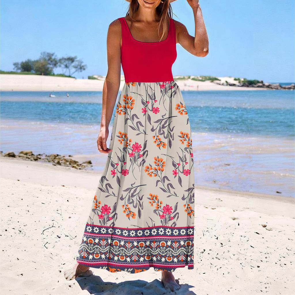 Ladies' floral print summer casual and fashionable sleeveless long dress