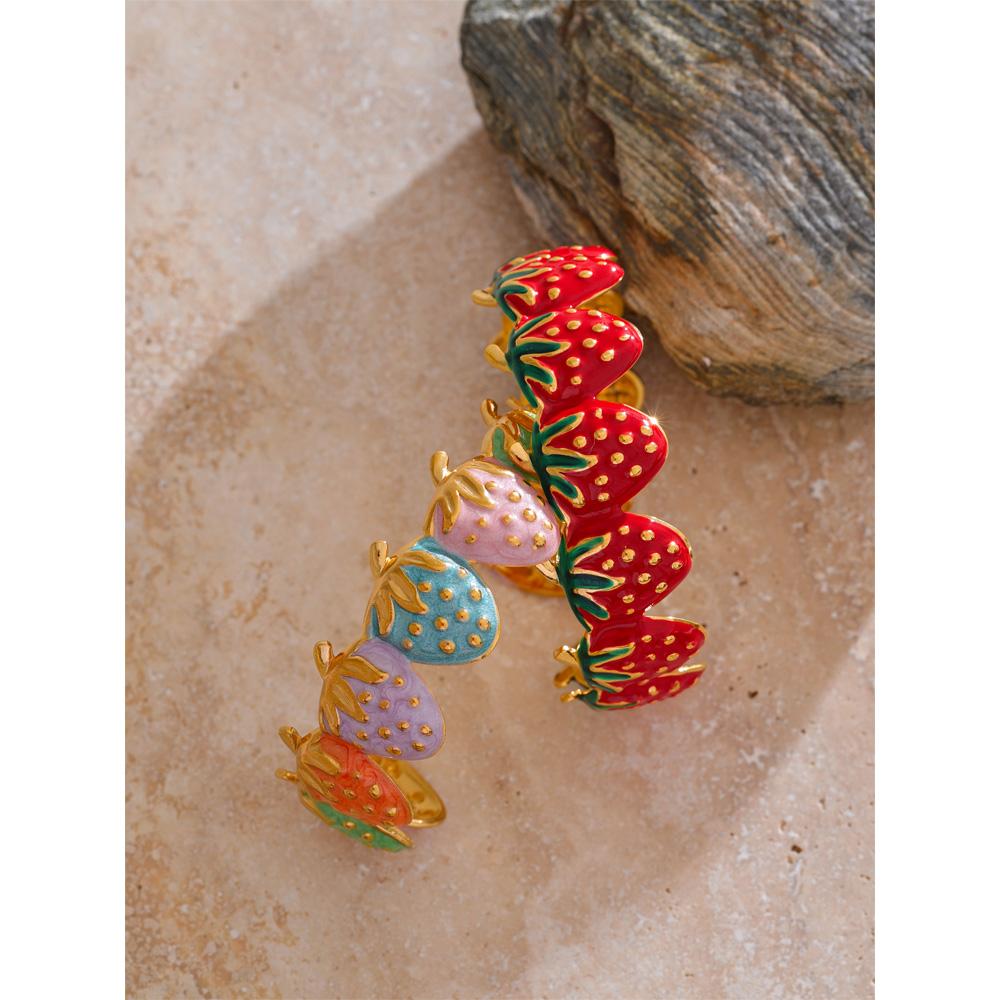 Eetit Red & Colorful Enamel Strawberry Sweet Open Cuff Bracelet Bangle Hot Style Stainless Steel Golden Wrist Fruit Jewelry