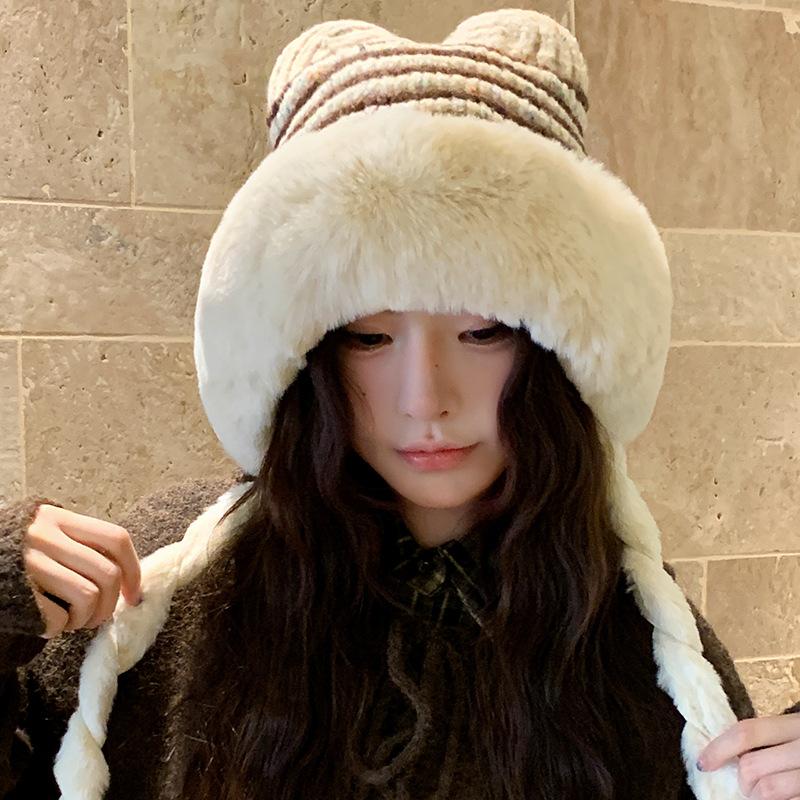 Korean Style Striped Plus Velvet Thickened Knitted Hat for Women Winter Warm Ear Protection Plush Hat New Braided Lei Feng Hat Trendy