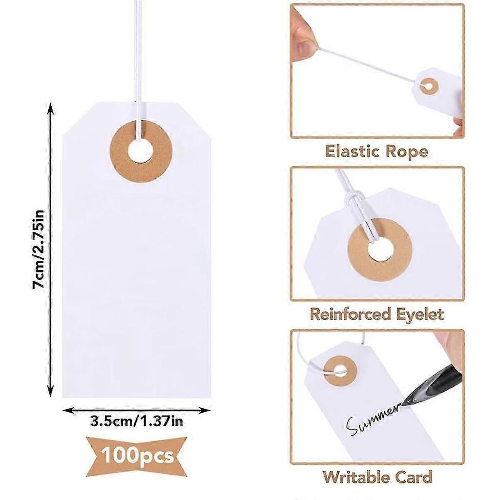 100 Pack Blank Tags with Elastic String Marking Hang Tags Attached Reinforced Hole Writable Blank Tags 2.75x1.37Inch
