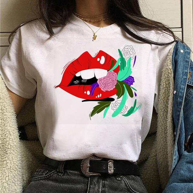 Fruit And Lips Print T Shirt New Fashion Women T Shirt Harajuku Tops Female Graphic Tee Ladies Cute Tee Shirt White Woman T-Shi